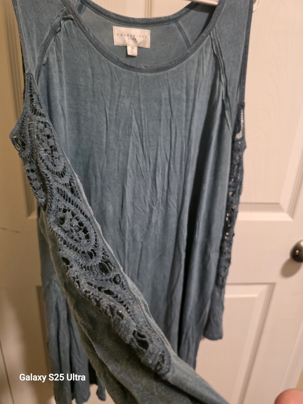 Love Tree Dusty Blue Crochet-Accent Long Sleeve Dress